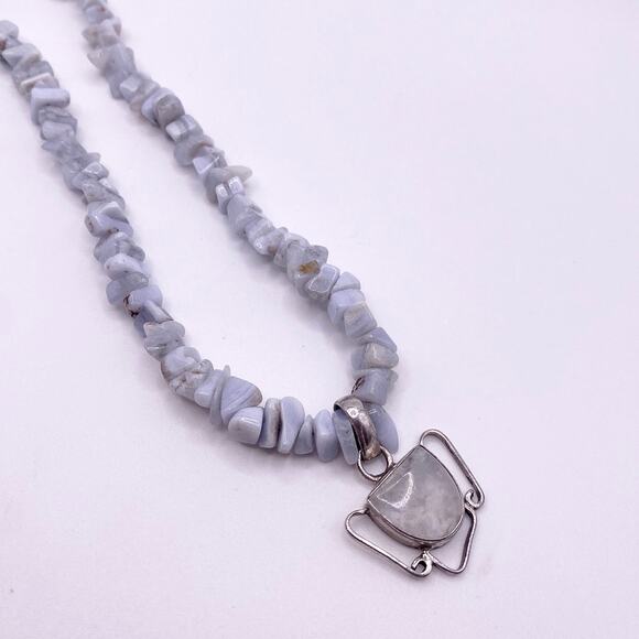 Vintage Blue Lace Agate and Sterling Silver Necklace with Moonstone Pendant - Picture 5 of 6